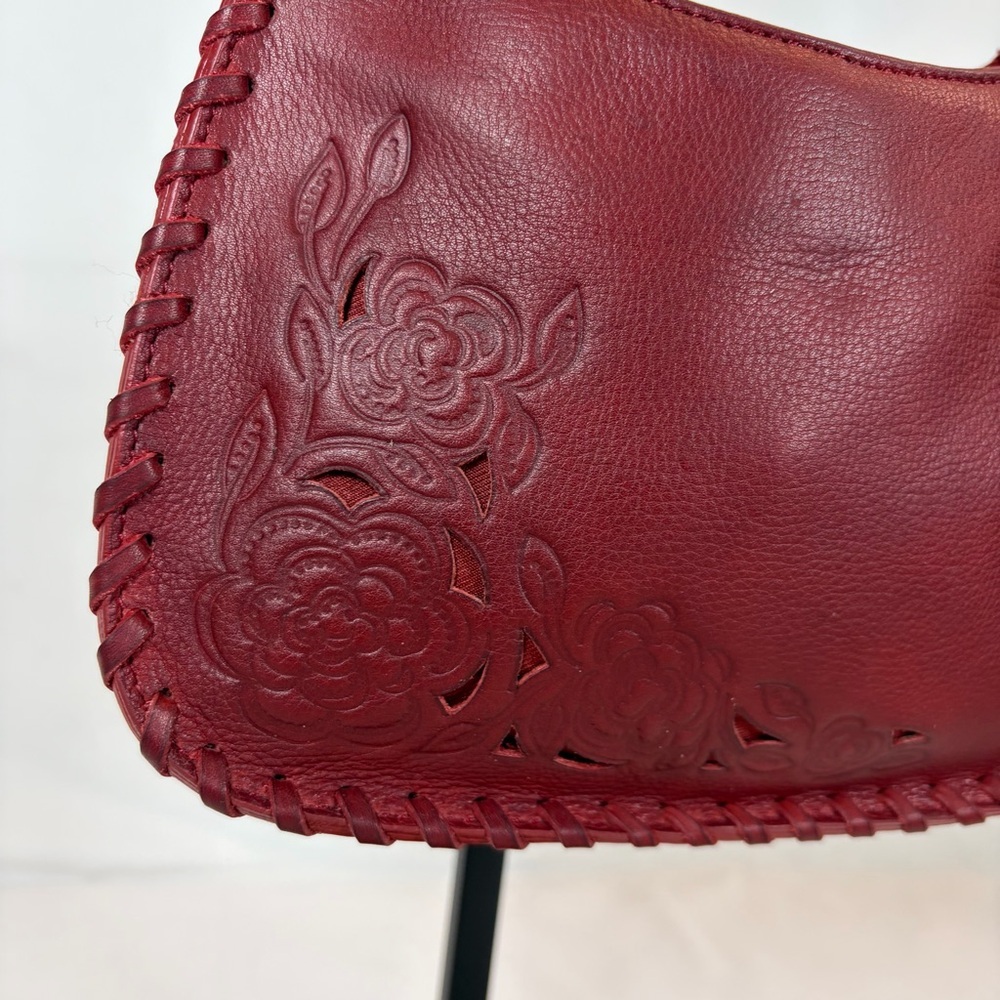 Y2K Genuine Leather Oxblood Shoulder Bag Embossed Floral - Picture 3 of 10